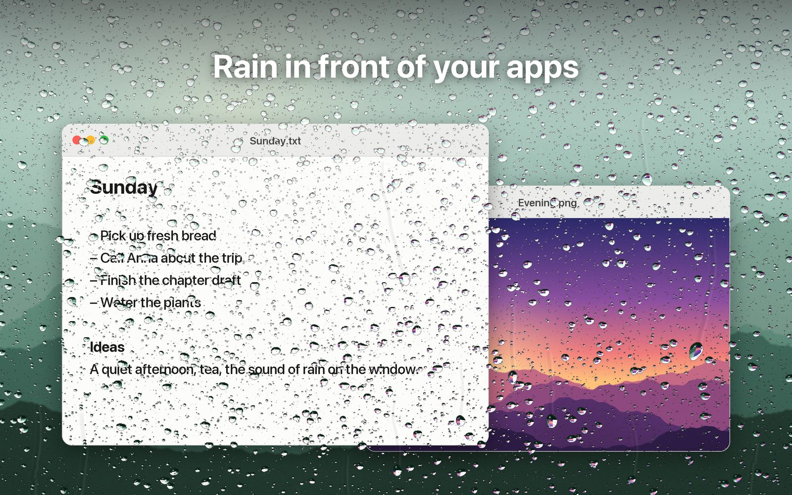 Raindrops in front of a text document and a photo window